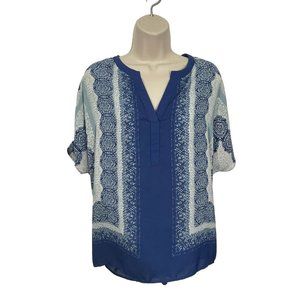ROSE & OLIVE Women's Medium Blue Print High-Low Blouse Top